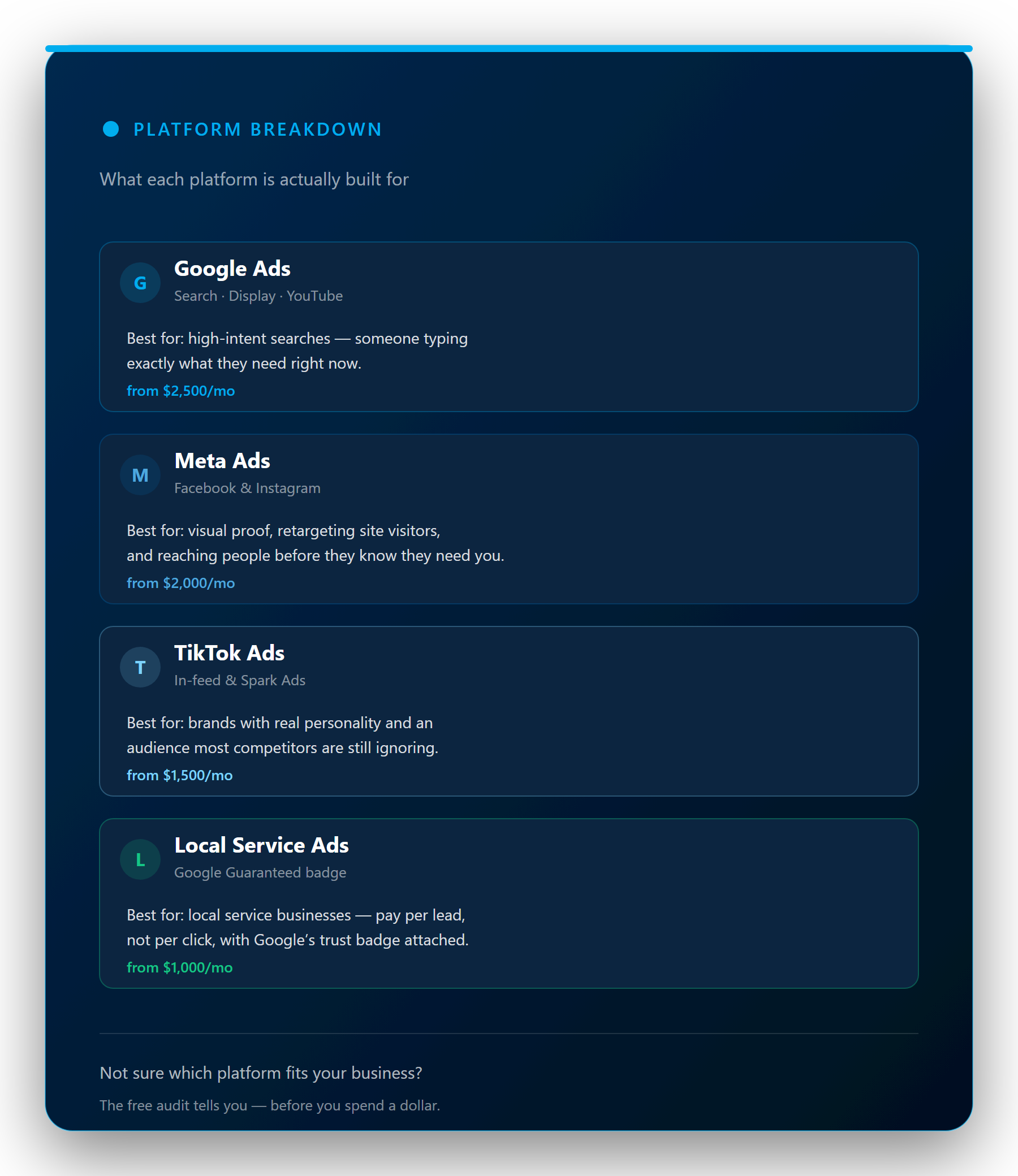 Breakdown of ad platforms managed — Google Ads, Meta, TikTok, YouTube, and Local Service Ads — with what each is built for