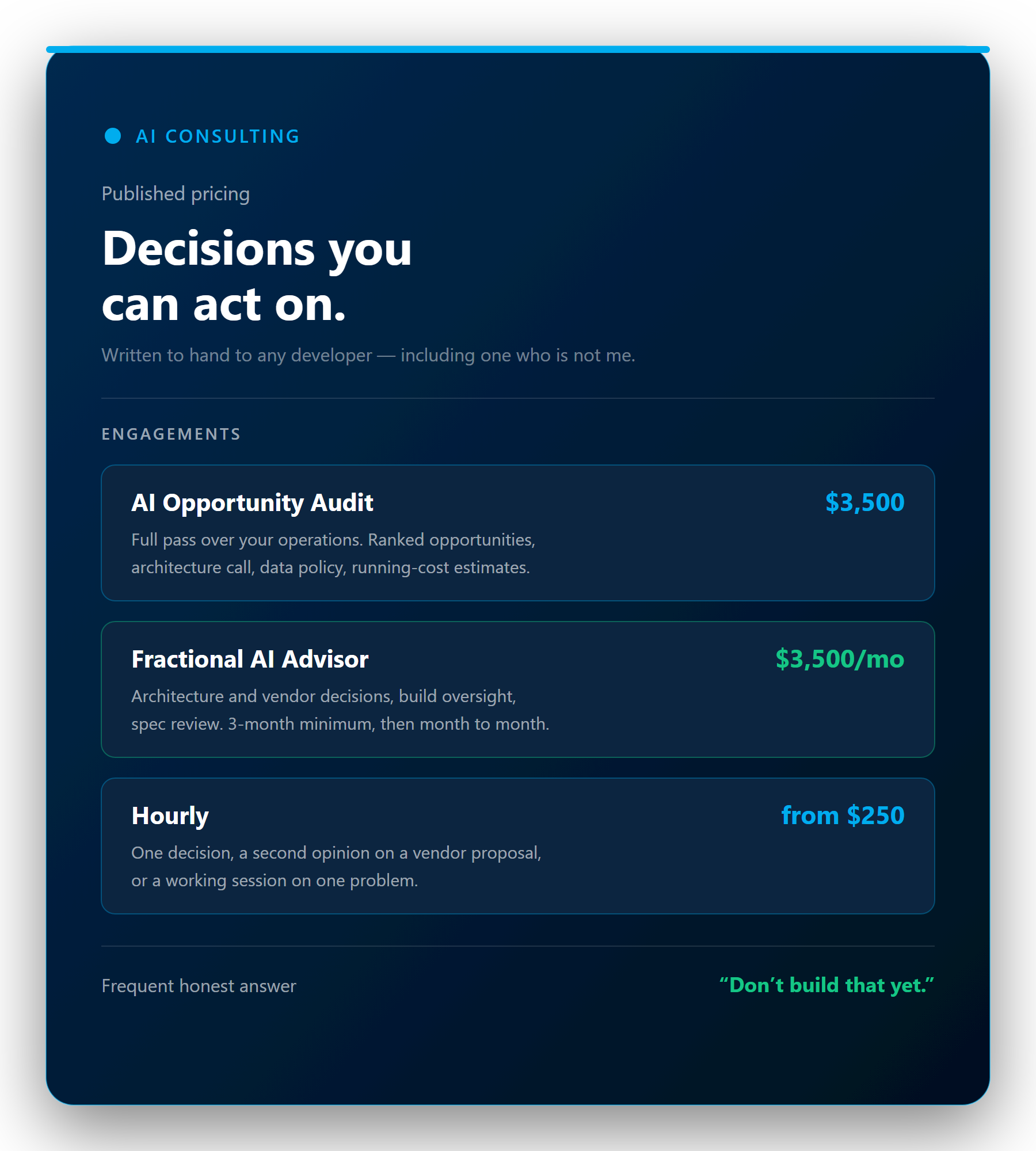 AI consulting card: the decisions we make together, published pricing, and the systems behind the advice