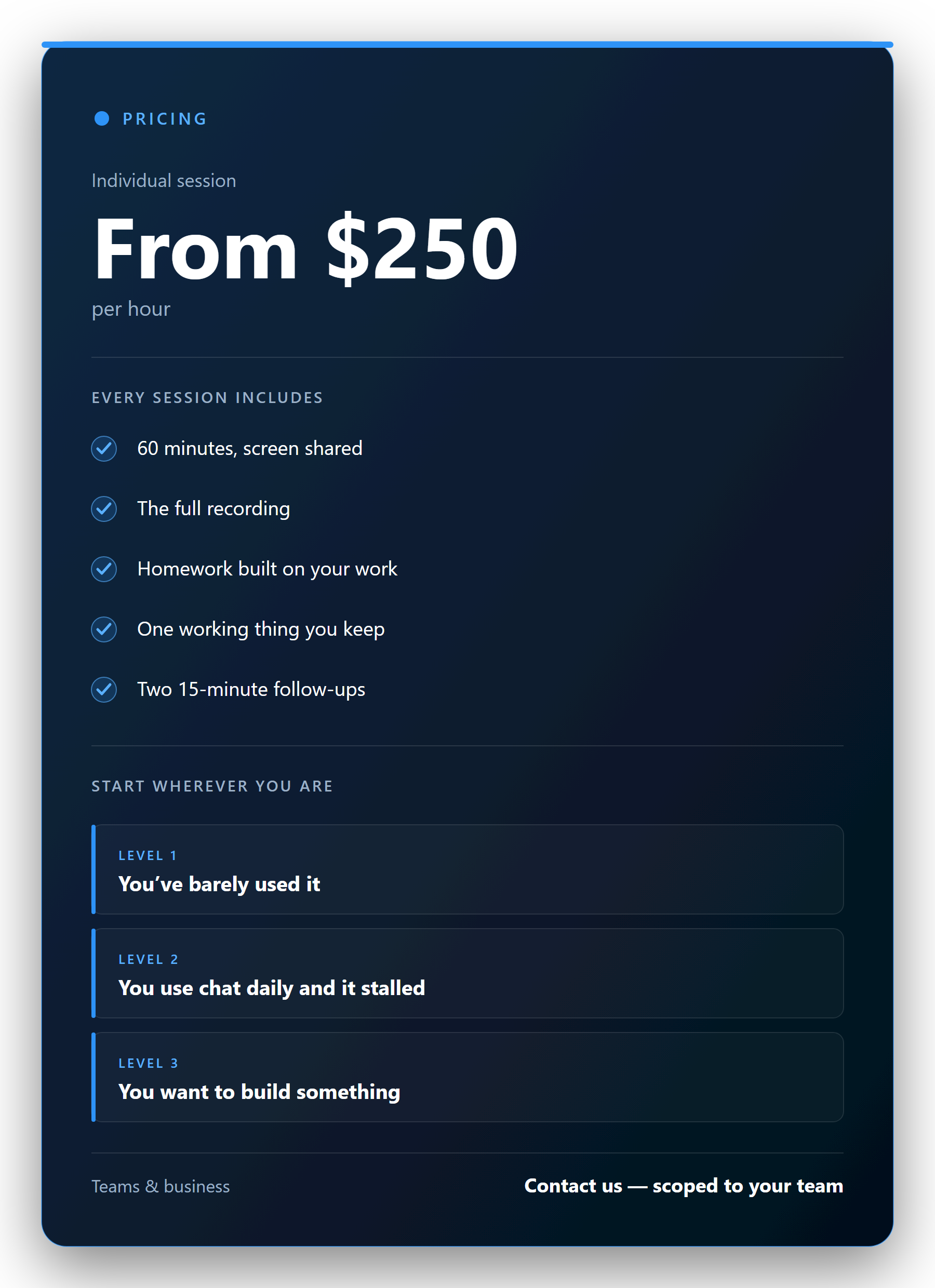 Session card: one hour from $250, what is included, and the three levels you can start at