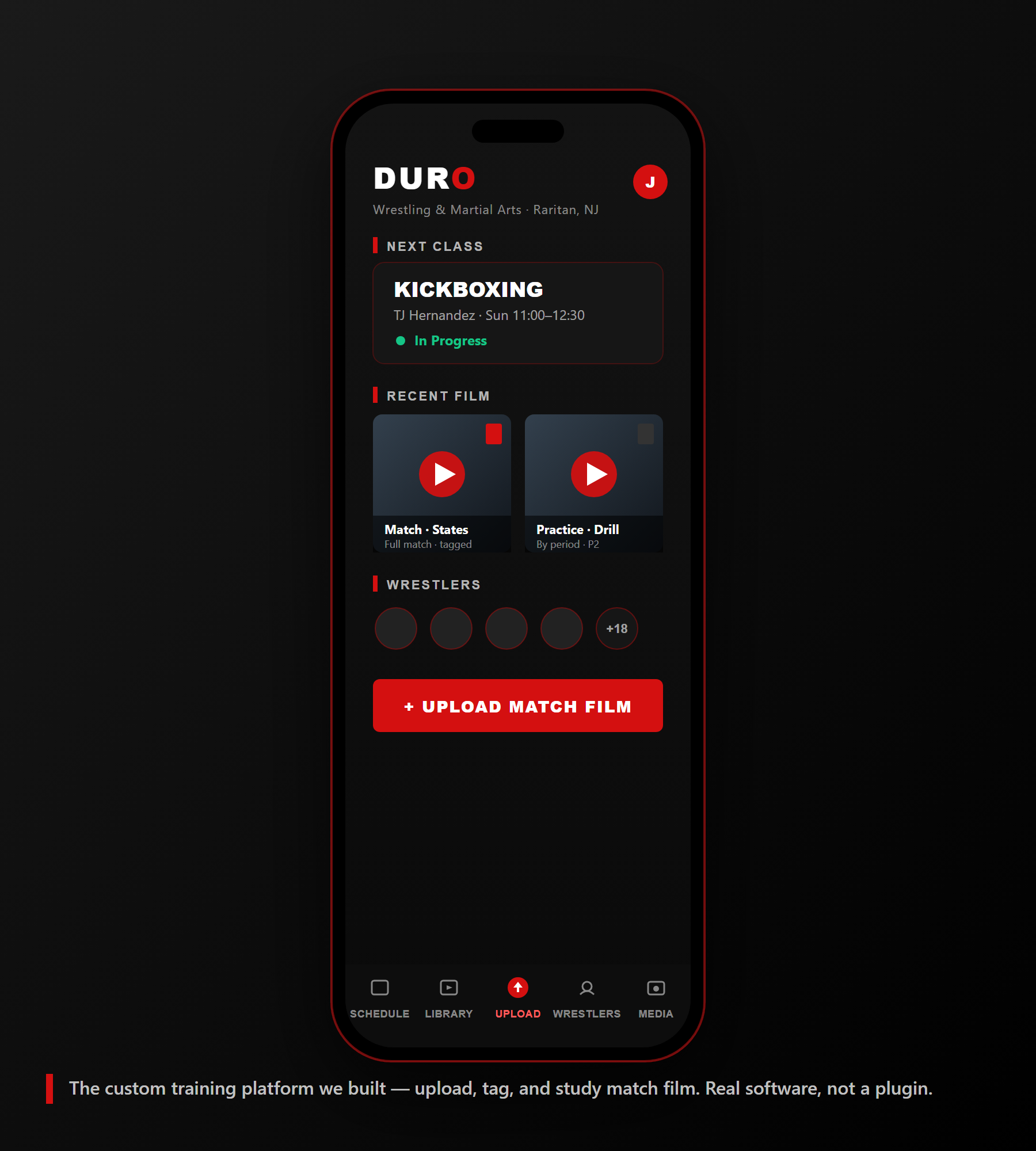 Duro coaching video app — film library and technique breakdowns The custom Duro coaching app on a phone: technique video library and film breakdowns for members